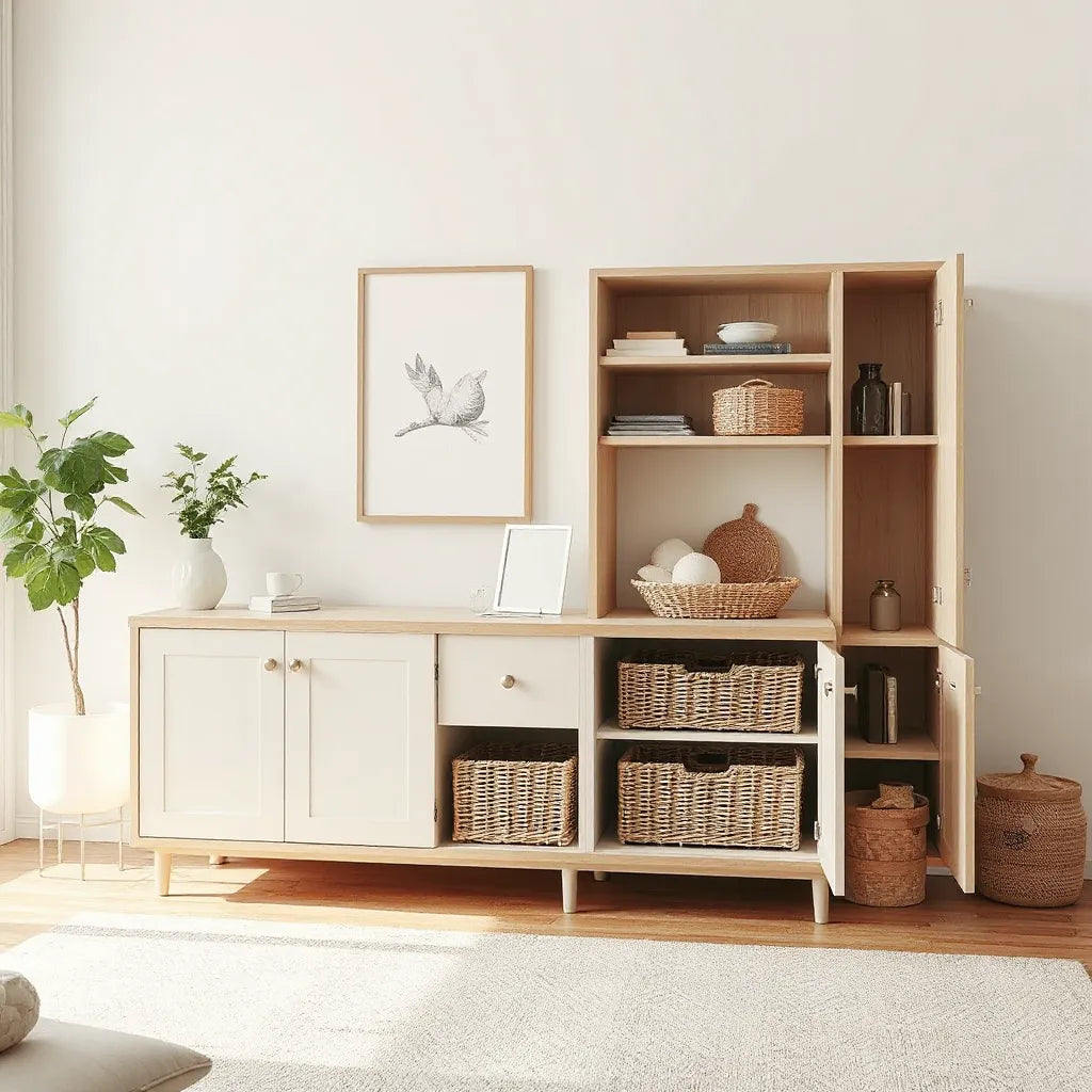 Modern living room with modular storage console, closed cabinets, and neatly organized baskets and shelves.