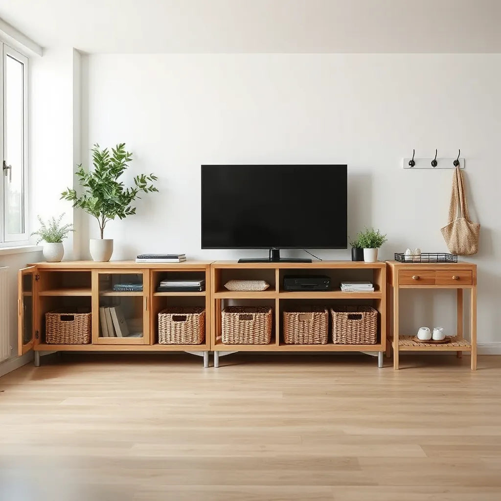 Bright living room with neatly arranged storage sideboard, baskets, and tidy console for home organization