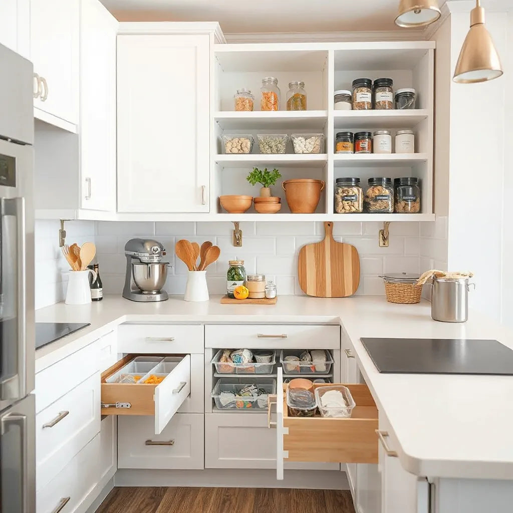 Organized kitchen cabinets, drawers, and pantry shelves with neatly arranged storage containers