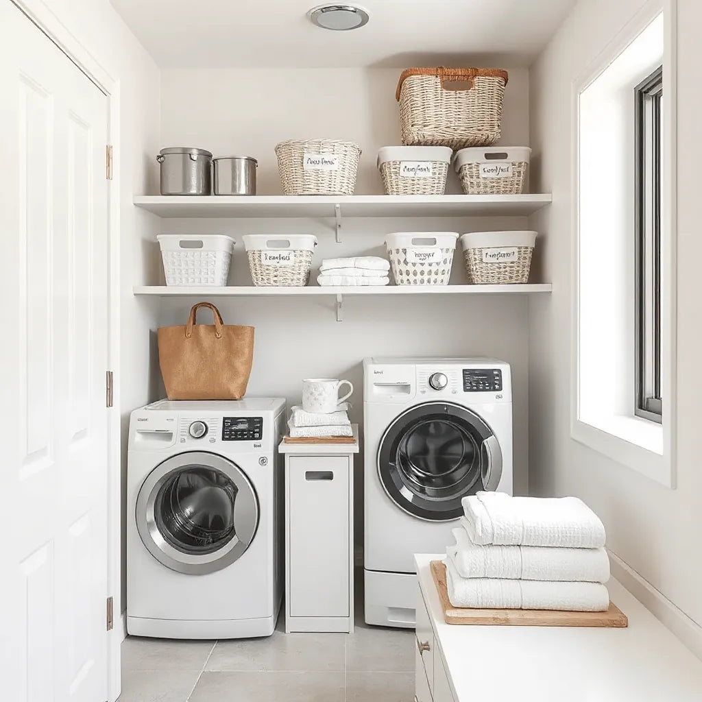 Neatly organized laundry room with sorted bins, shelves, and a tidy folding area