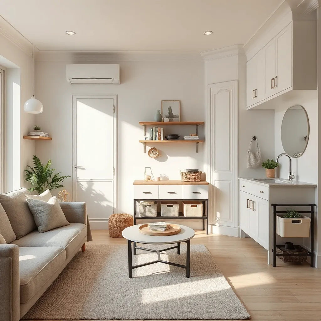Bright living room and entry with built-in shelves and drawer organizers for tidy everyday storage