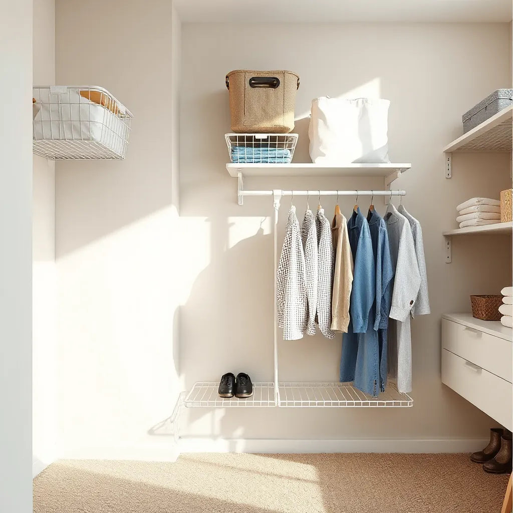 Neatly organized closet with durable storage bins, hanging shelves, and folded clothes