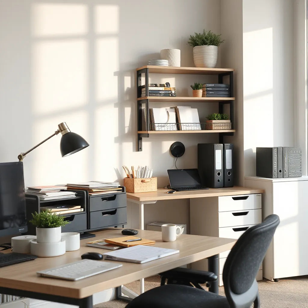 Clean modern office desk with organized storage trays, shelving, and a small filing cabinet