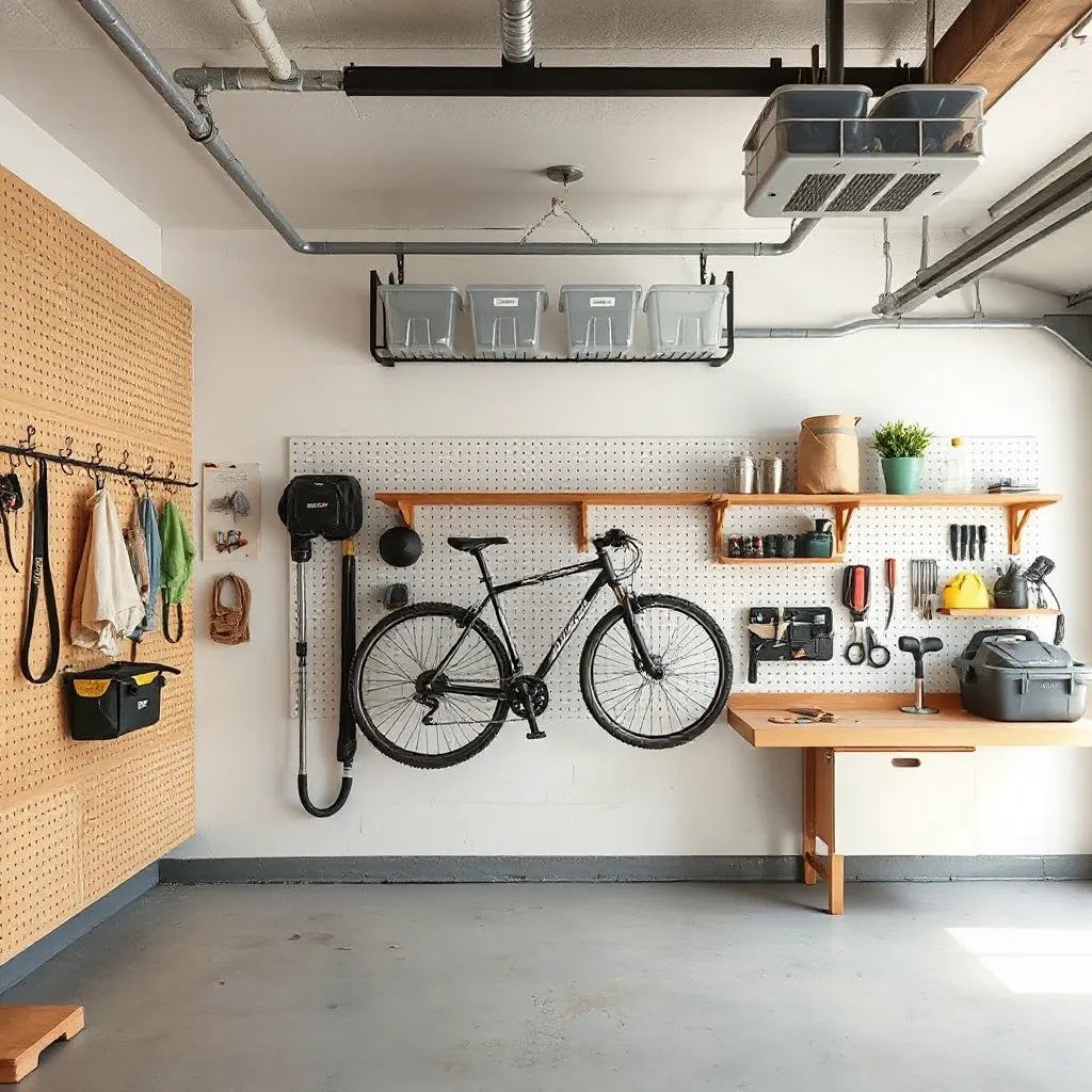 Modern garage with wall-mounted storage, overhead racks, and neatly organized bins and tools