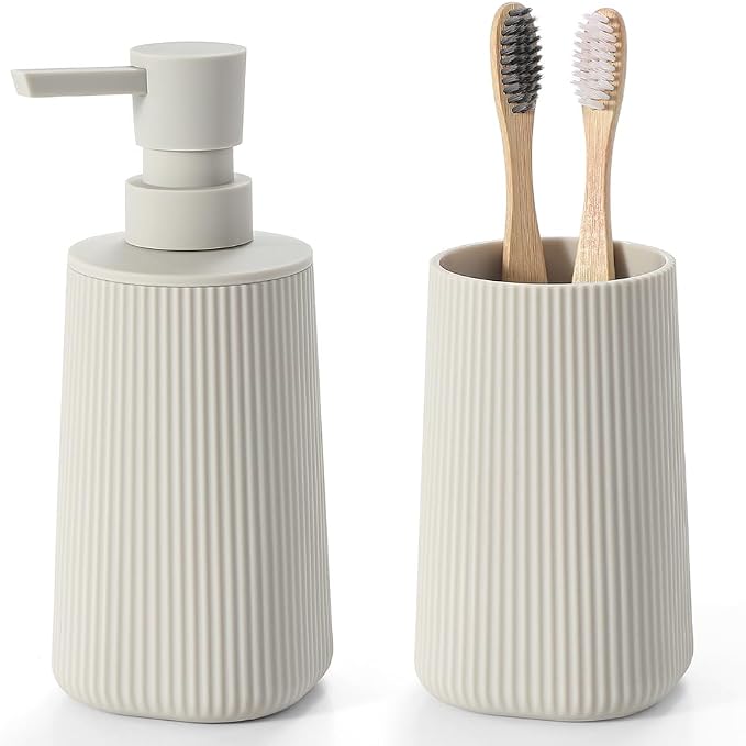 Bathroom Accessories 2 Piece Soap Dispenser and Toothbrush Holder Set Striped by KellyHome
