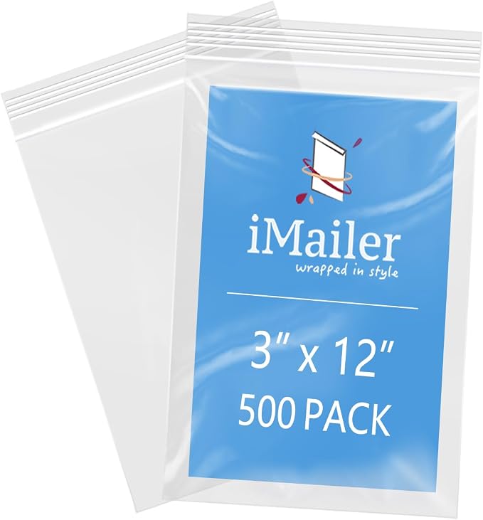 iMailer - 3" x 12" 500 Pack- 2 Mil Resealable Zip Bags- Small Clear Plastic Bags by iMailer