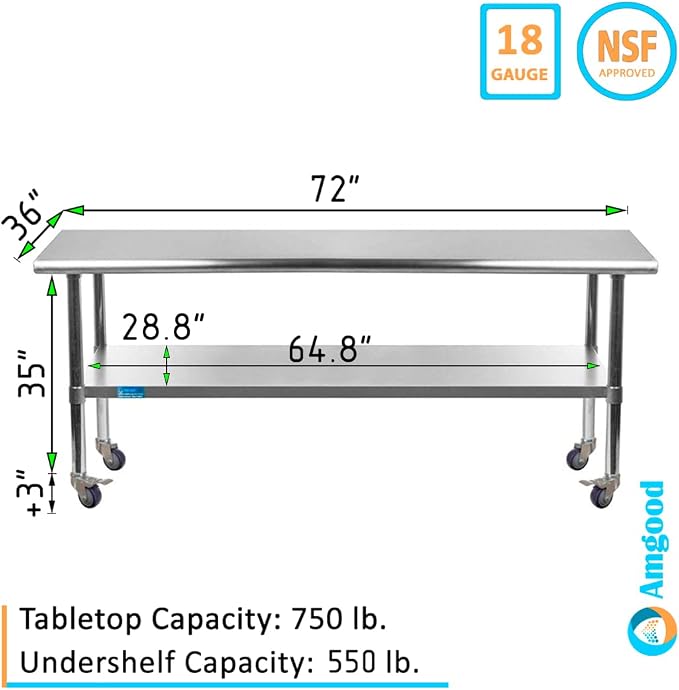 AmGood 72" Long x 36" Deep Stainless Steel Table - Image 2