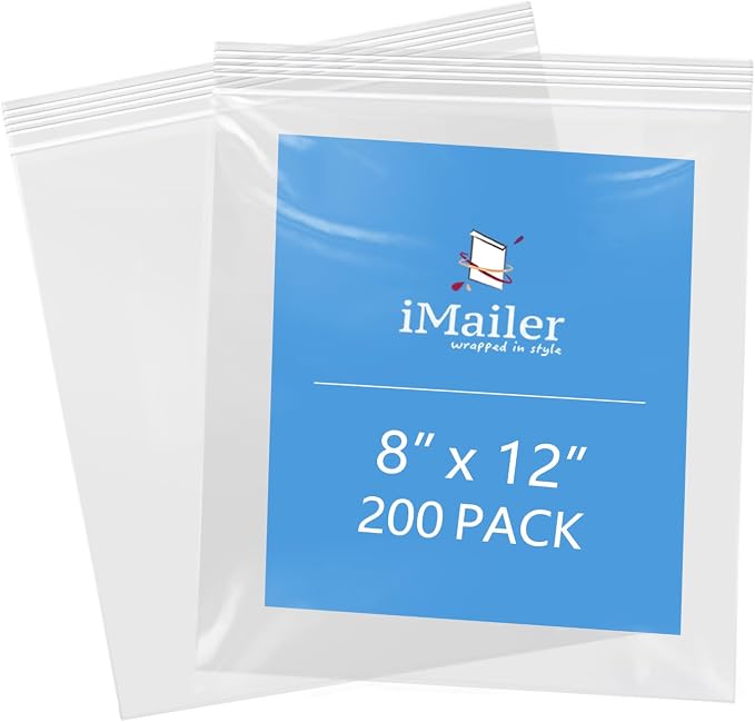 iMailer- 8" x 12" 200 Pack- 2 Mil Resealable Zip Bags- Clear Plastic Bags by iMailer