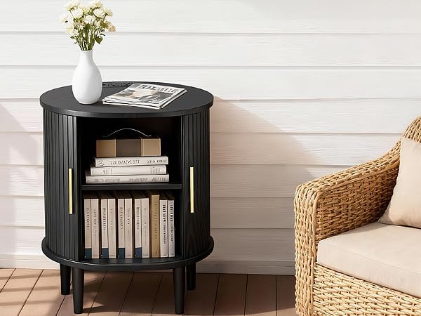 Nightstand with Charging Station, Fluted Accent Side Table with Sliding Door & - Image 6