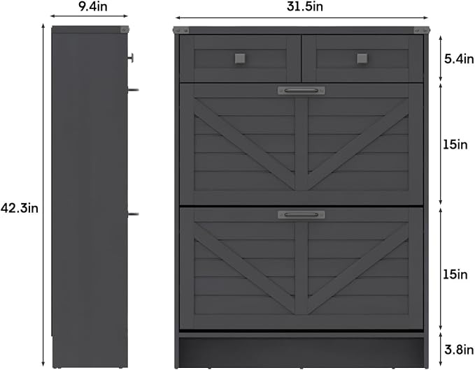 Shoe Cabinet with 2 Flip Drawers & 2 Drawers, Farmhouse Shoe Storage Cabinet - Image 2