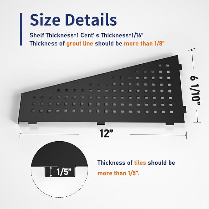Corner Shower Shelf, Matte Black 12" 304 Stainless Steel Trapezoid Grout in - Image 2