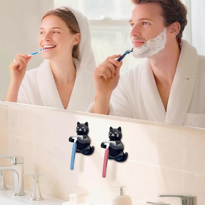 Cute Cat Waterproof Self-Adhesive Shower Hook Set, Funny Black Cat Razor Holder - Image 4