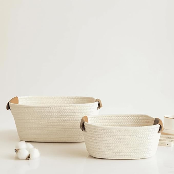 Small Cotton Woven Basket with PU Leather Handle, Baby Kids Clothes Toys Candy - Image 9