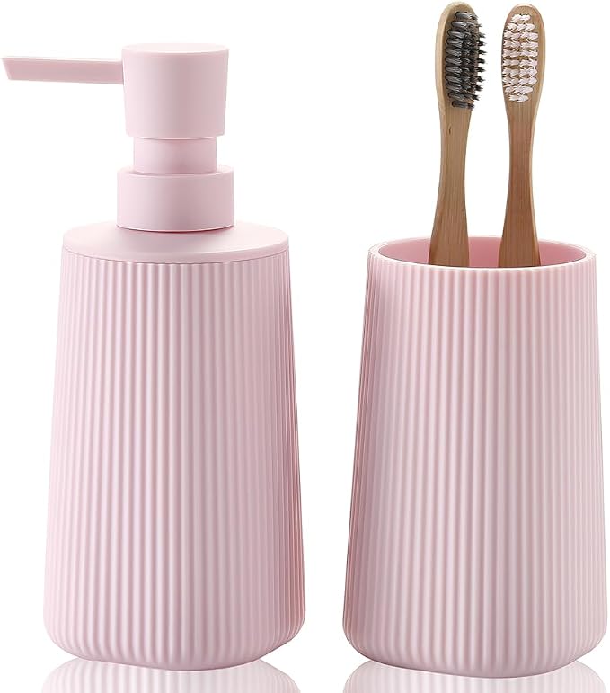 Bathroom Accessories 2 Piece Soap Dispenser and Toothbrush Holder Set Striped by KellyHome