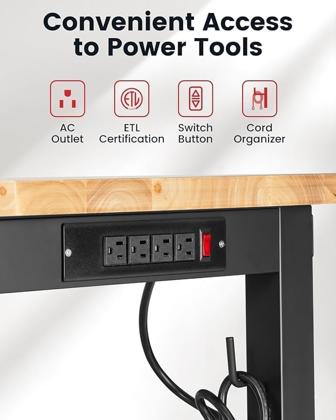 Work Bench for Garage 48 x 20 Inch Adjustable Height Rubberwood Tabletop Work - Image 5