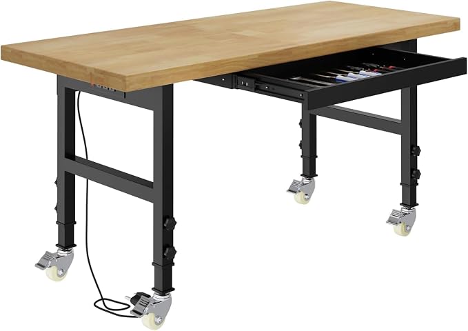 60" Work Bench with Wheels, Adjustable Height Workbench with Drawers, by Pelnuies