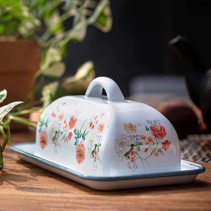 Enamel Butter Dish with Lid Vintage Enamelware Butter Holder with Flower Design - Image 5