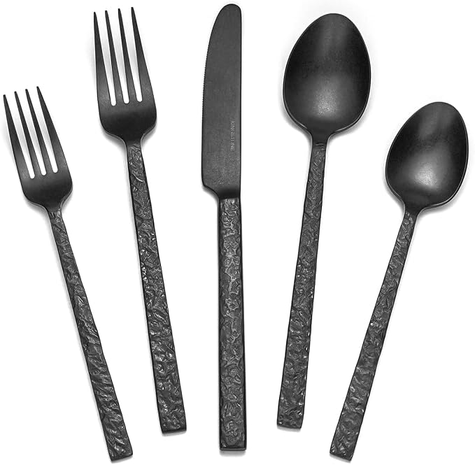 KINGSTONE 60 Pcs Black Hammered Silverware Set by KINGSTONE