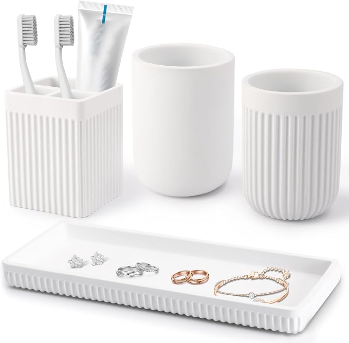 Resin Bathroom Toothbrush Holder Set, Matte White Bathroom Accessories Set 4 Pcs by BetterbathroomwithXLHOME