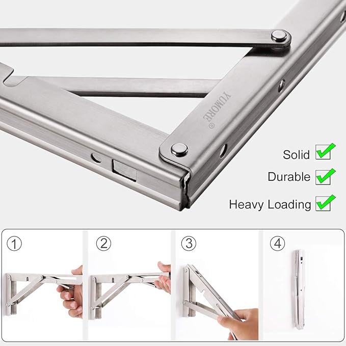 YUMORE Folding Shelf Brackets 10", Max Load: 330lb Heavy Duty Stainless Steel - Image 2