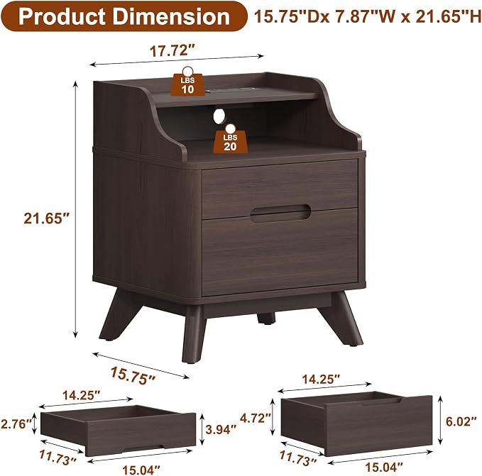 Nightstand with Charging Station, Wood Night Stand with Hidden Handle - Image 2