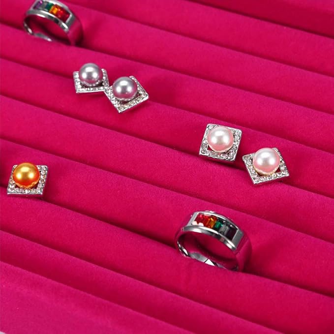 Tinsow Stackable 7 Slots Jewelry Rings Pink Earrings Tray Velvet Showcase - Image 3
