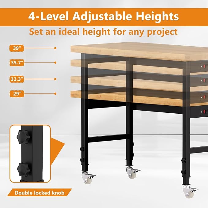 48" Solid Wood Work Bench, Adjustable Height Workbench - Image 5