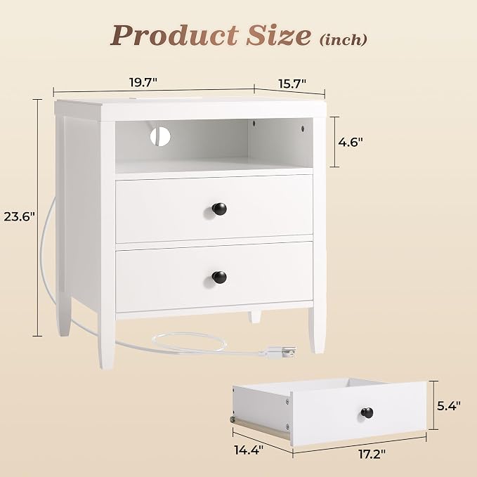 Huuger Nightstand with Charging Station, Bed Side Table - Image 2