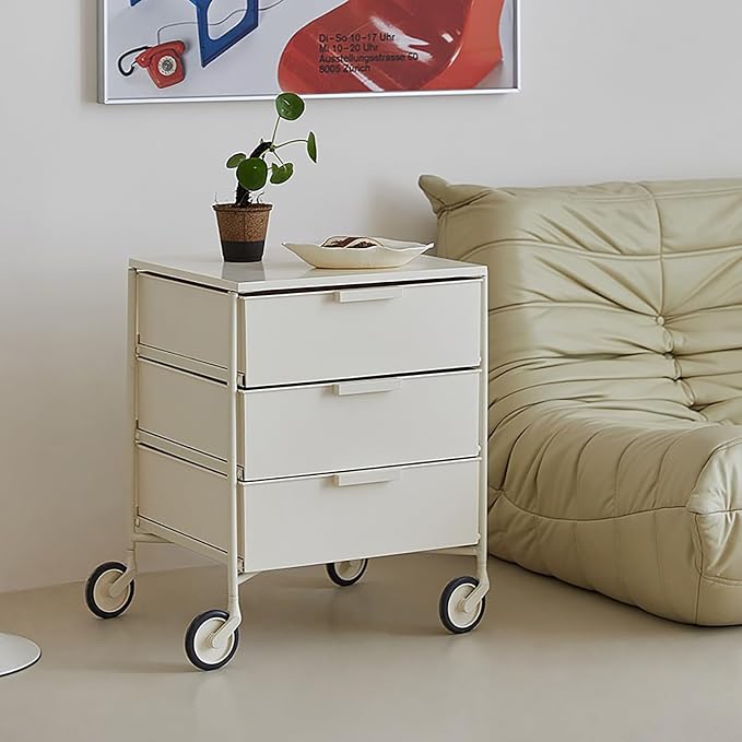3-Drawer Rotatable End Table, Storage End Table Sofa Side Cabinet, Modern Cream - Image 7