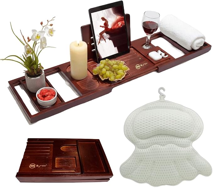 Bathtub Tray and Bath Pillow Set – Expandable Bamboo Bathtub Caddy by Rynex