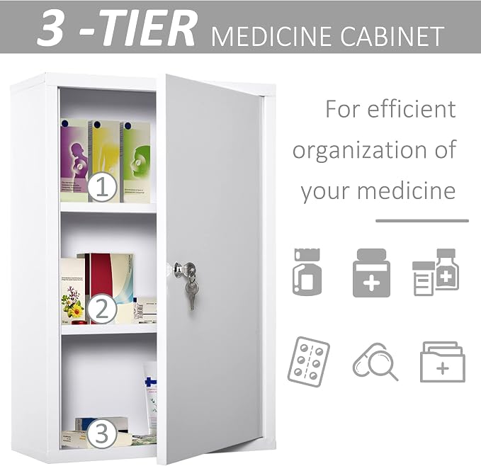kleankin Steel Wall Mount Medicine Cabinet 3 Tier Emergency Box - Image 5