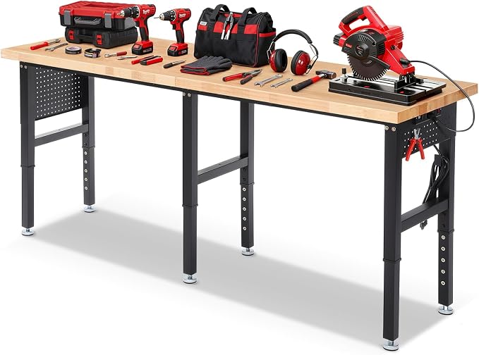 Work Bench 84 x 24 Inch Adjustable Height Rubber Wood Top Work Table 5000 Lbs by ENJOYWOOD
