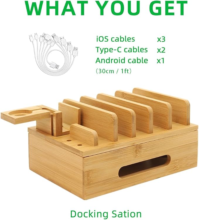 Bamboo Charging Station for Mutil Devices, Desktop Charging Station Organizer - Image 5