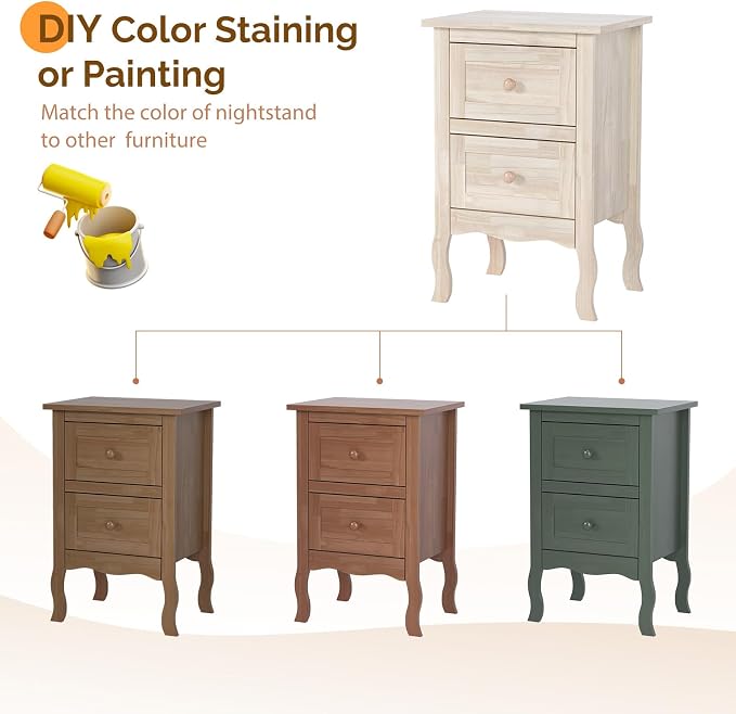 VINGLI Nightstands Set of 2, Unfinished Solid Wood Nightstand Color DIY - Image 4