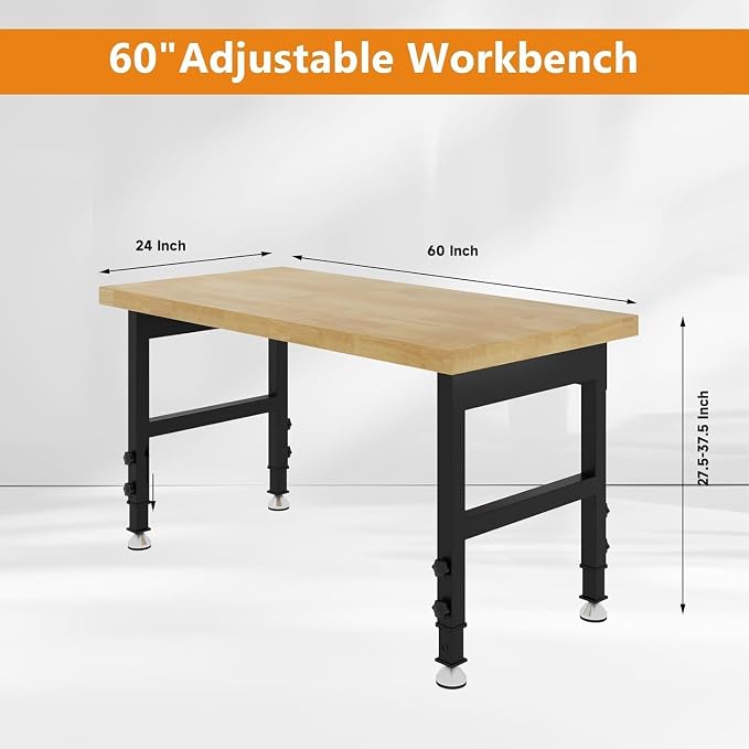 60" Adjustable Height Work Bench, Heavy-Duty Thicker Workbench, 2000 LBS Load - Image 3
