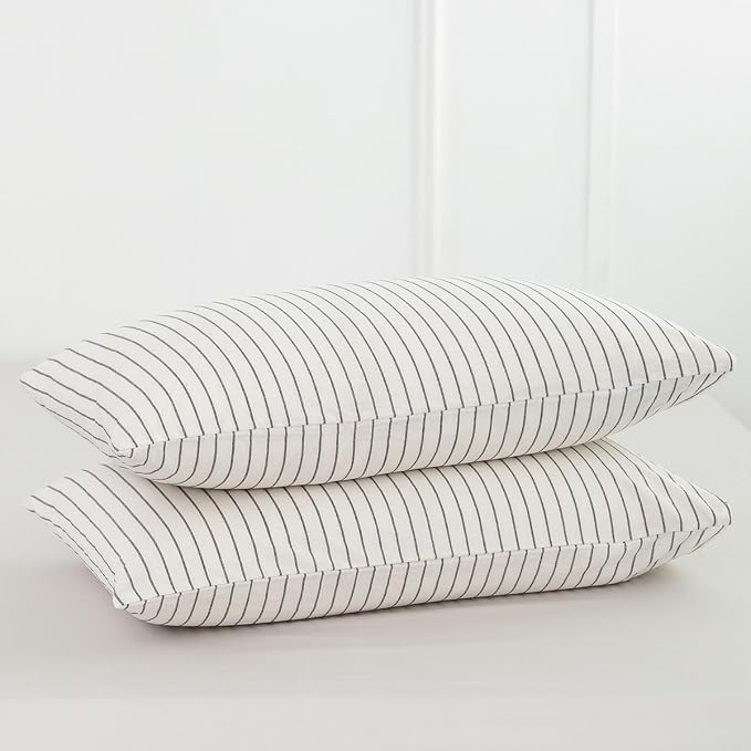 MooMee Bedding Pillowcases Striped Pack of 2 100% Washed Cotton Linen Like by MOOMEE