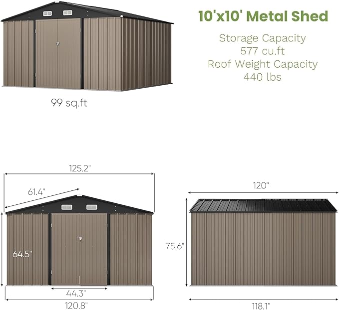 Greesum 10x10FT Outdoor Storage Shed, Utility Tool Shed Metal Storage Garden - Image 4