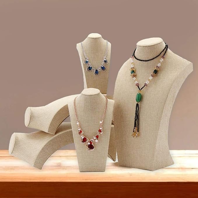 Necklace Display Bust, 9.8" high Beige Linen Jewelry Holder - Image 6