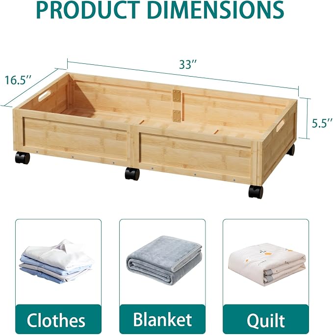 Bamboo Under Bed Storage Containers, Rolling Underbed Organizer - Image 2