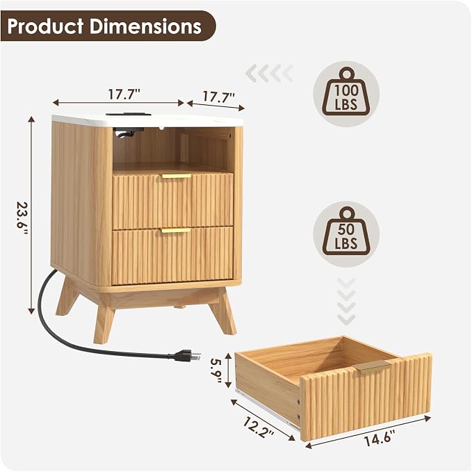 Nightstand with Charging Station, Fluted Nightstand with LED Lights, Modern - Image 3