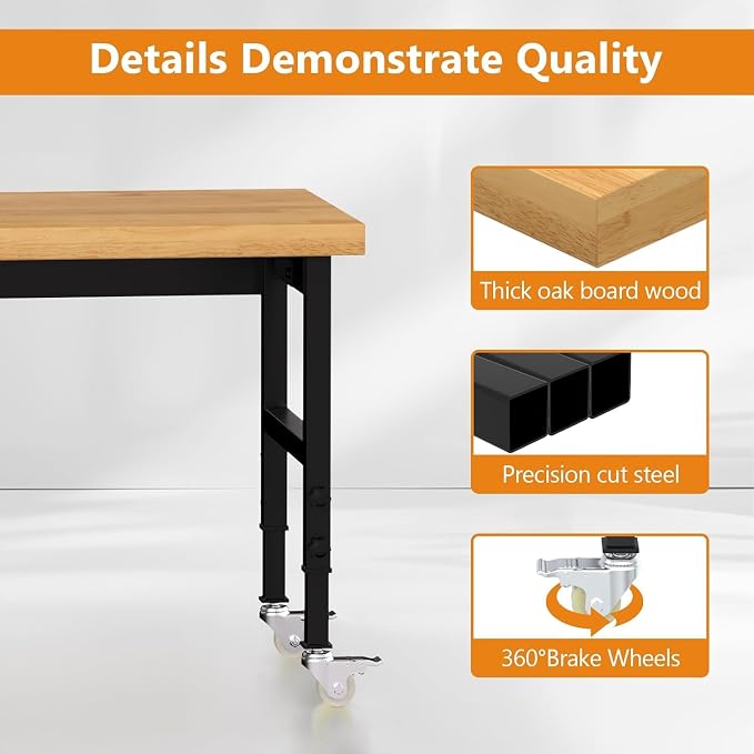 48" Solid Wood Work Bench, Adjustable Height Workbench - Image 4