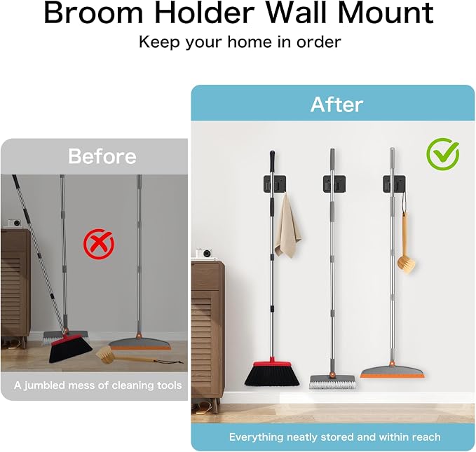 nacena Broom Holder Wall Mount, 4 Packs Black Stainless Steel Mop and Broom - Image 4