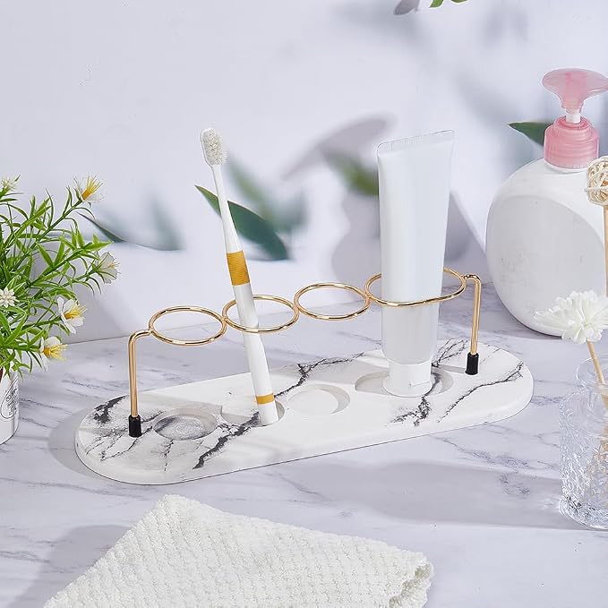 AHANDMAKER Toothbrush Holder 4 Slots Toothbrush Holder Bathroom Marble Pattern - Image 4