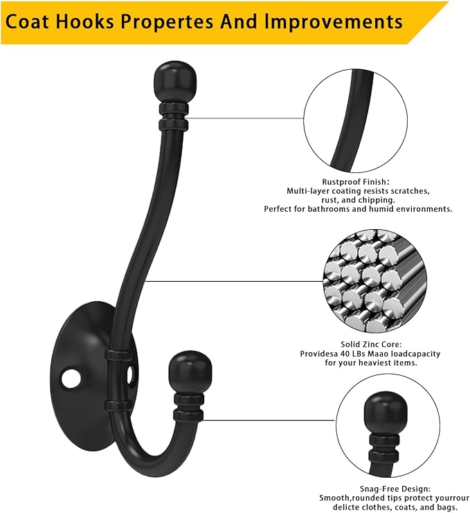 2 Pack Heavy Duty Wall Hooks for Hanging, Metal Coat Hooks Wall Mount - Image 3
