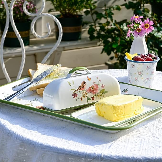 Enamel Butter Dish with Lid Vintage Enamelware Butter Keeper with Flower and - Image 3