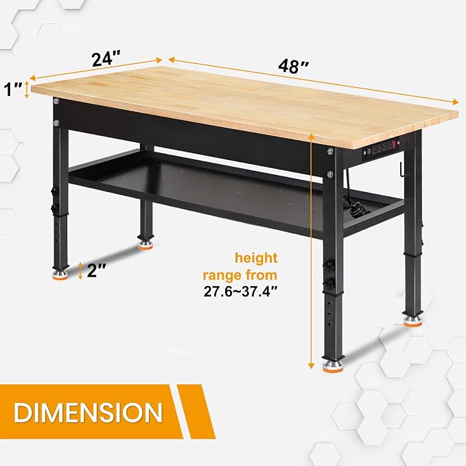 48"/60'' Adjustable Workbench, Rubber Wood Top Work Bench Heavy-Duty Work Table - Image 8