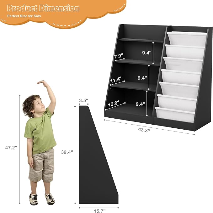 Black Kids Bookshelf Wood Toy Storage Organizer Cabinet Children Bookcase - Image 3