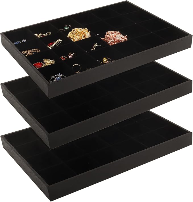 Rocutus Jewelry Organizer Tray, 3 Pack Velvet 24 Grid Earring Holder Stackable by Rocutus