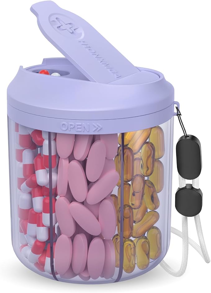 Pill Dispenser with 7 Large Compartments, 4.4" H x 3.6" Dia Pill Organizer by HIONXMGA