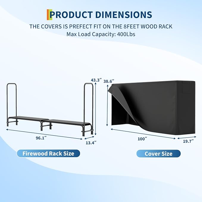 8FT Firewood Rack with Cover, Holders Firewood Outdoor Log Rack with Zipper - Image 3